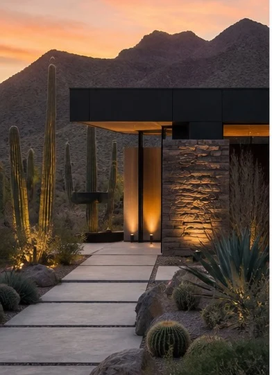 Desert home at dusk with warm exterior lighting and saguaros