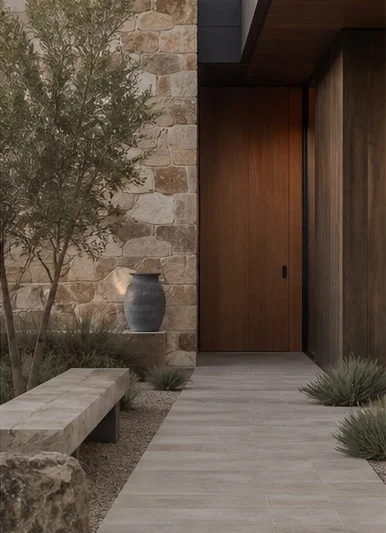 Stone and wood entryway of a desert home