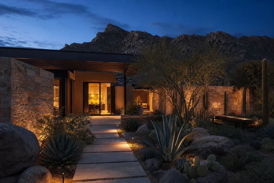 Desert home at blue hour with warm interior light