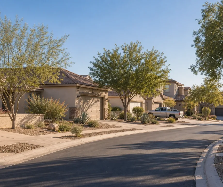A quiet residential street of tile-roofed desert homes under a clear sky
