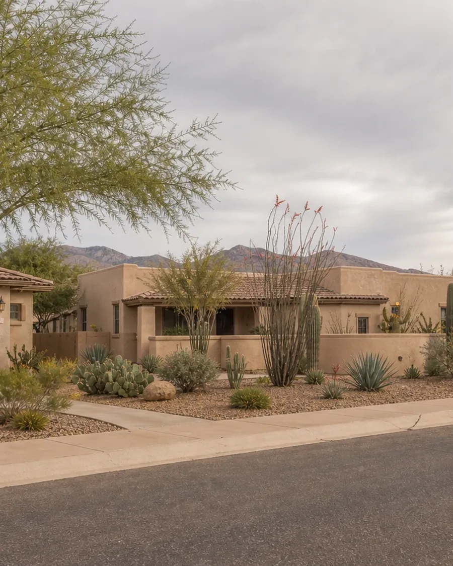 A southwestern home with desert landscaping under an overcast sky