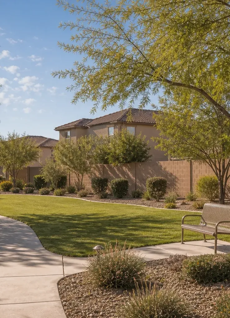 A shaded greenbelt path winding between desert homes